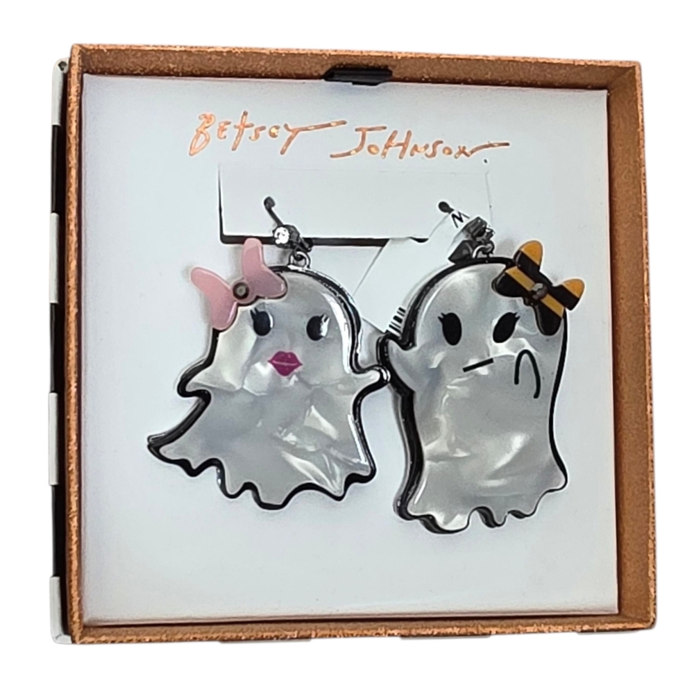 Betsey Johnson White/Pearl Color Ghost Earrings with Pink and Orange Accent Bows